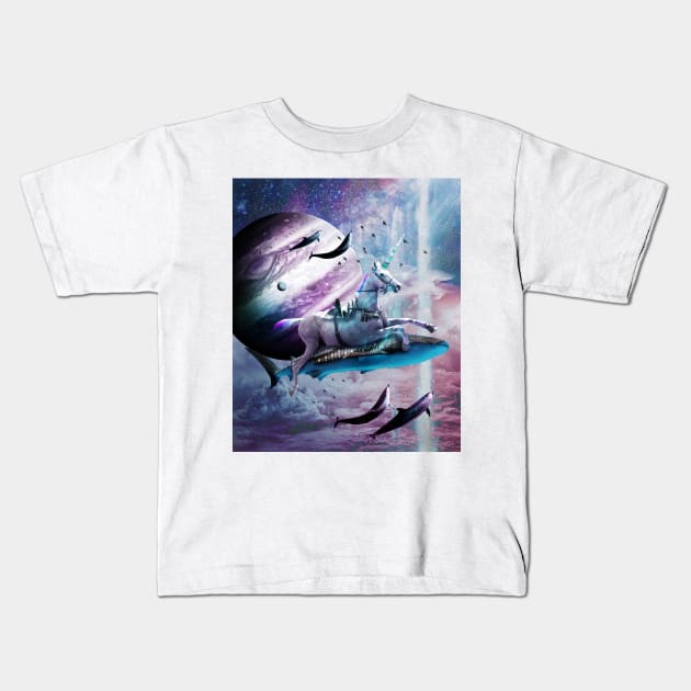 Unicorn Riding Shark In Space Kids T-Shirt by Random Galaxy